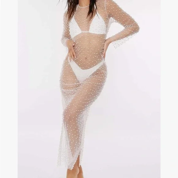 Sheer Pearl Mesh Overlay Long Sleeve Dress - Picture 4 of 6
